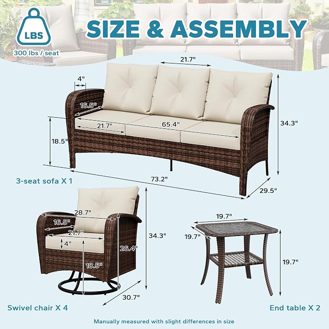 7 Pieces Patio Set, 73" PE Rattan Sofa, Coffee Table, Wicker Swivel Glider Chairs, Outdoor Conversation Furniture with Removble Cushion, Loveseat Couch for Porch, Deck, Lawn (Beige)
