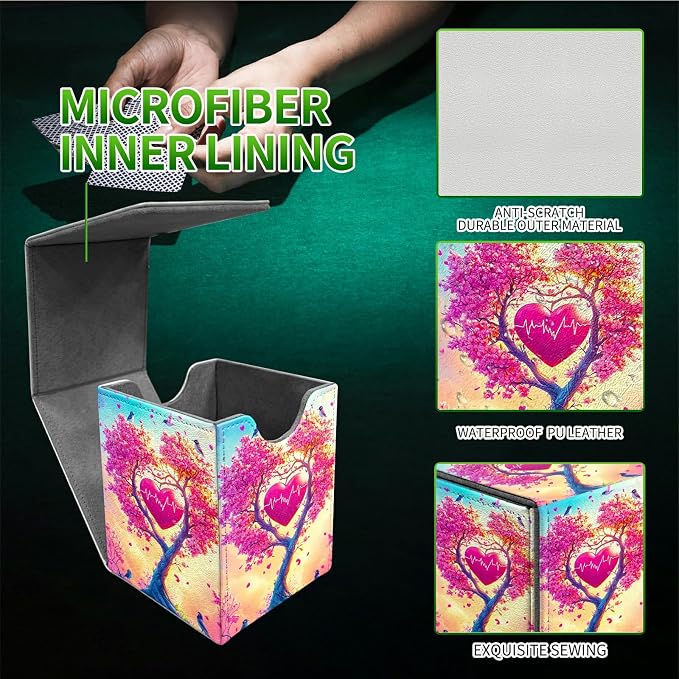 Deck Box for MTG, Cards Storage Box Fits 120+ Sleeved, Leather Medium Size Strong Magnetic Closing Card Case for Board Games Magic TCG CCG Baseball Collection, Pink Tree