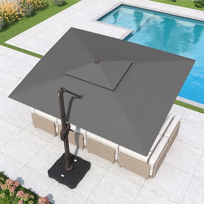 10x13 FT Cantilever Patio Umbrella with Led Lights Double Top Outdoor Rectangular Large Heavy Duty Aluminum Offset Umbrellas with 7 Level Tilt 360-degree Rotation for Pool Garden Deck, Grey