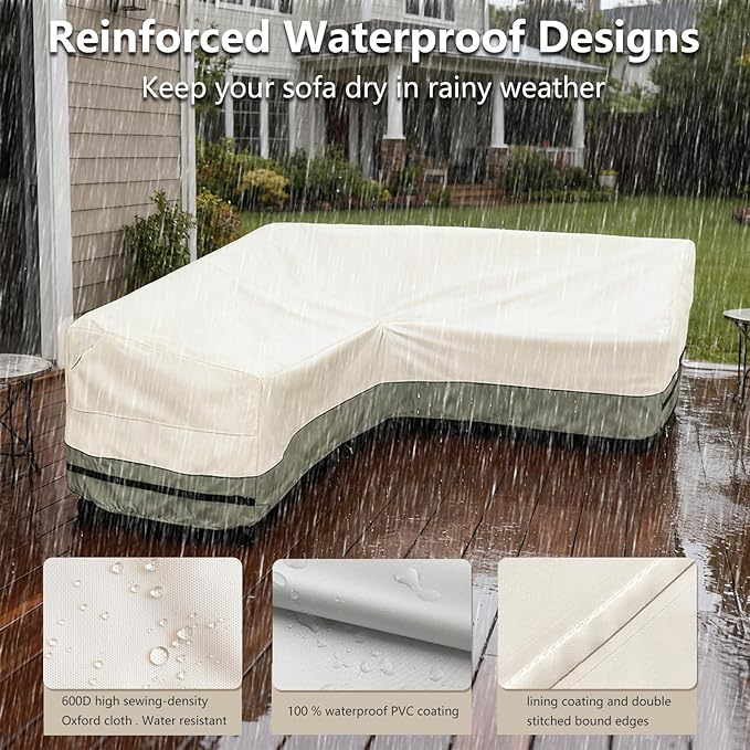 okcool Outdoor Sectional Sofa Cover Waterproof V Shaped Patio Furniture Covers for 5-Seater Outdoor Sectional Furniture Couch 85"(85''L) x 33.5''D x 31''H,White&Grayish Green