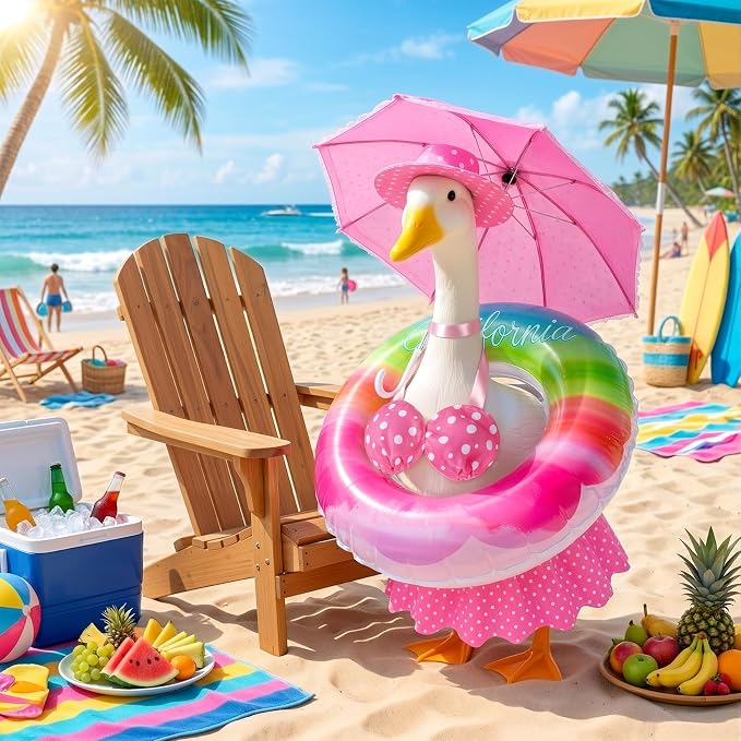 Mastom Porch Goose Outfits Fits 23" Statue Summer Outfits with Hat Swim Ring and Parasol Hawaiian Porch Goose Clothes Costume for Outdoor Patio Yard Decor