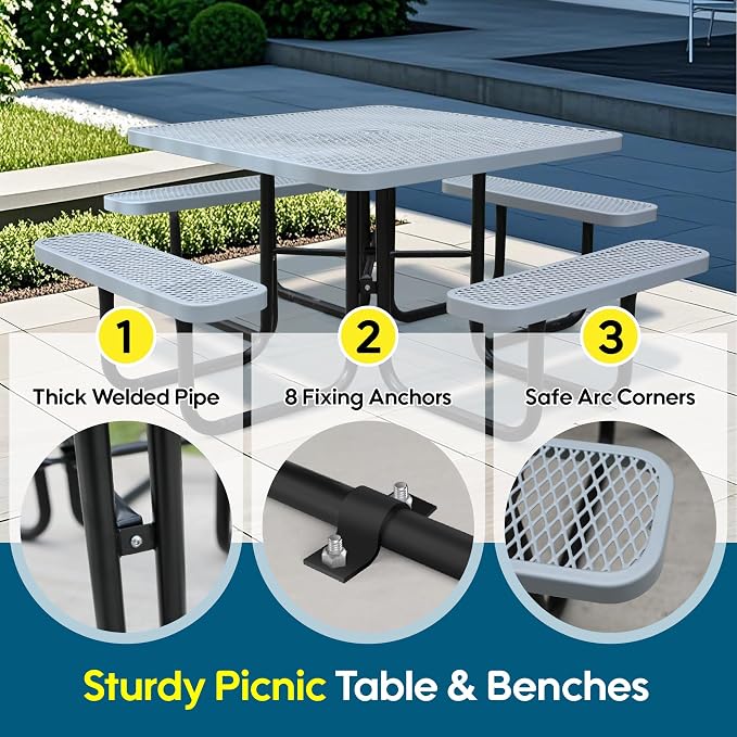 46" Square Picnic Tables for Outdoors,Commercial Metal Picnic Table Bench Set W/ Umbrella Hole,Restaurant School Canteen Tables W/Seats - Heavy Duty Sturdy Picnic Tables for Patio Garden Coffee Shop