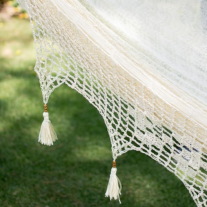 NOVICA Artisan Handmade Hammock Solid Rope with Tassels Triple Ivory Nylon Mexico Mayan Shabby Chic Beach Bonfire [Bed Size 78in L x 90in W Total Length 158in L] ' Caribbean Shores' Triple