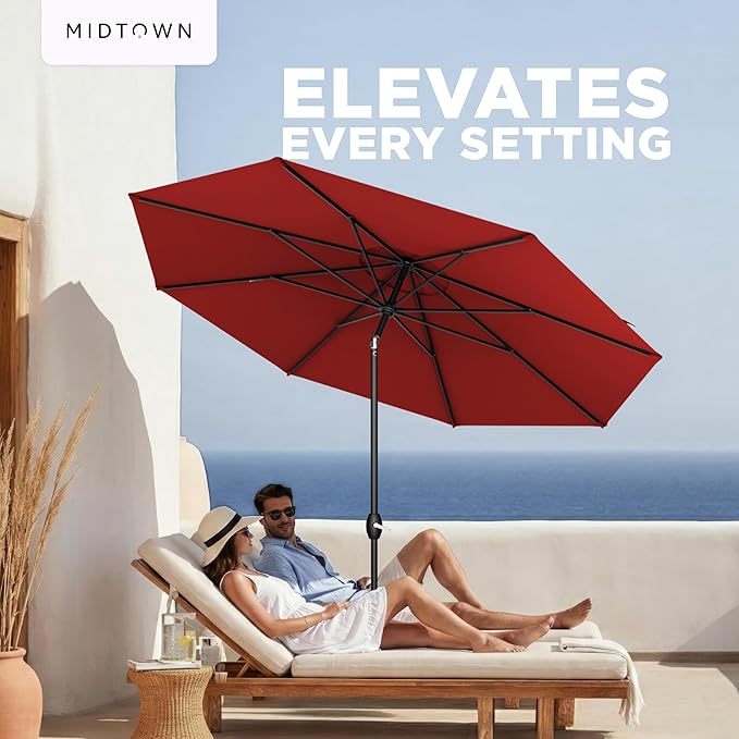 Midtown Umbrellas – The Lean 9 Ft Patio Umbrella with 10-Year-No-Fade Acrylast Acrylic Fabric, Auto-Tilt and 8 Reinforced Ribs for Deck, Pool, Garden, Hotel & Cafes – Regatta Red Canopy, Black Pole