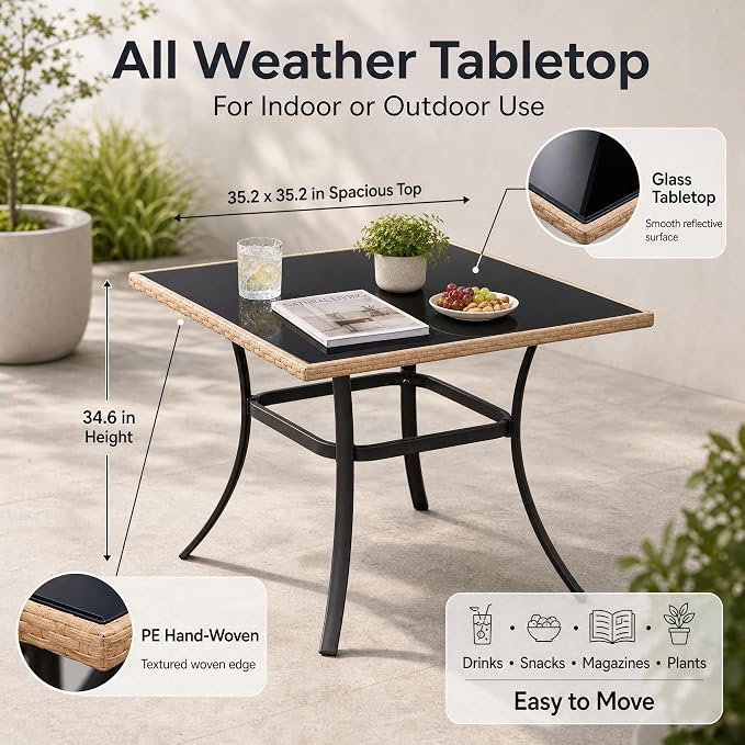 AECOJOY Outdoor Patio Dinning Table for 4, 35.2" Square Rattan Patio Outdoors Tables with Glass Tabletop Rectangular Metal Frame All Weather-Resistant Dining Desk for Lawn Backyard Garden Porch