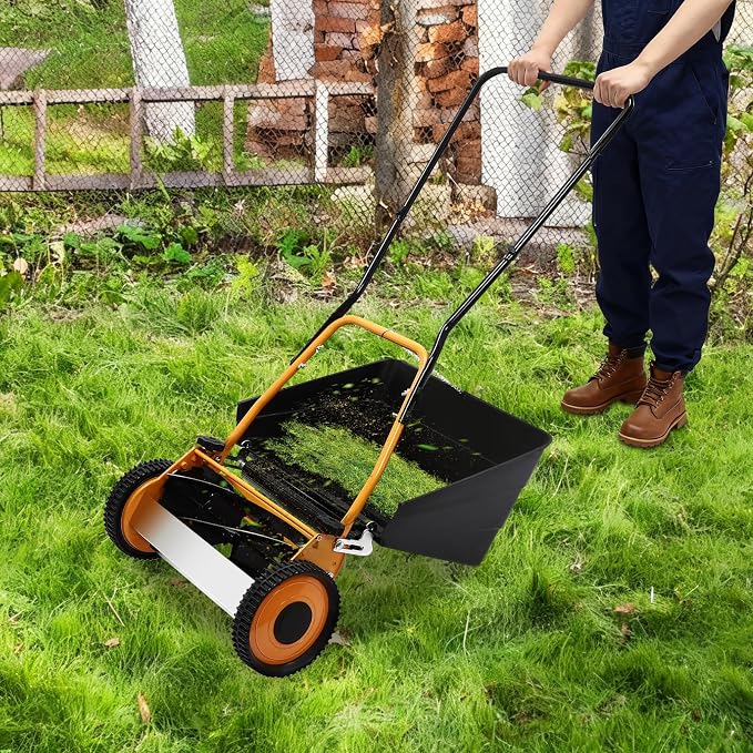 Manual Push Lawn Mower with Grass Catcher, Adjustable Cutting Height, 2 Wheels, Eco-Friendly for Home Gardens Backyards Lawns & Small Yards (14, Inches)