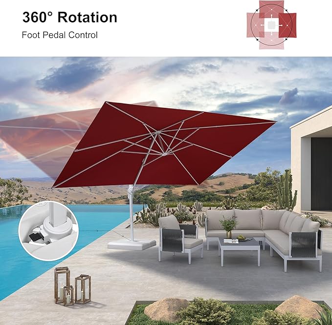 PURPLE LEAF 10' × 13' Patio Umbrella With Base White Cantilever Umbrella Square Outdoor Offset Umbrella Windproof with 360° Rotation for Garden Deck Pool, Ruby Red