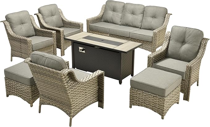 Outdoor Patio Furniture Sets, 8 PCS Patio Conversation Set Outside Rattan Sofa with 54 in Fire Pit Table Comfy Cushions Fit Backyard Porch Garden Poolside Balcony,Dark Grey