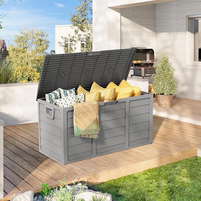 SUNCROWN 75 Gallon Deck Storage Box Resin Outdoor Storage Container with Handles for Patio Garden Yard Porch, Grey