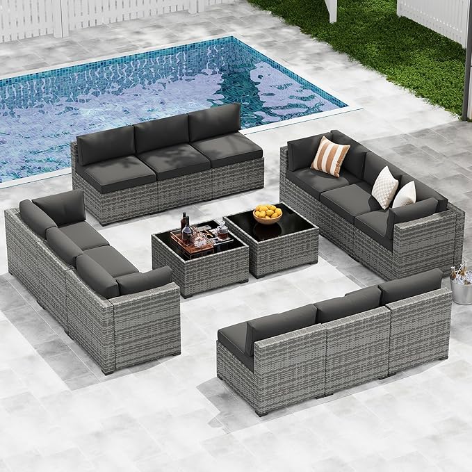 LazySunsets 14-Piece Patio Furniture Set, Wicker Rattan Outdoor Furniture with Thick Cushions, Patio Conversation Sets with Coffee Table, Outdoor Sectional Couch Sofa with Waterproof Cover, Black