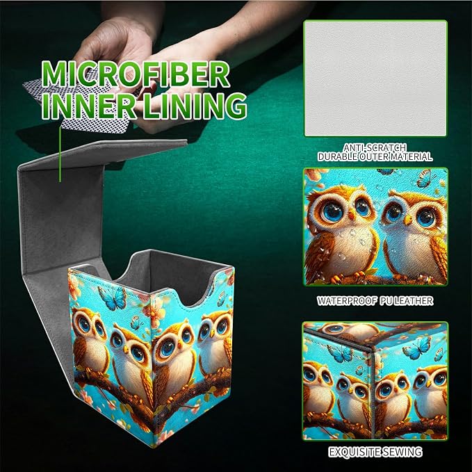 Deck Box for MTG, Cards Storage Box Fits 120+ Sleeved, Leather Medium Size Strong Magnetic Closing Card Case for Board Games Magic TCG CCG Baseball Collection, Owl Blue