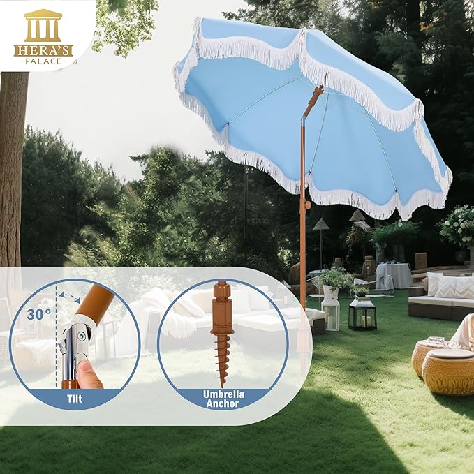 HERA'S PALACE 7ft Heavy Duty Beach Umbrella with Sand Anchor, Fringe Umbrella for Sand, UV 50+, Patio Umbrella with Tilt Pole for Garden Pool Backyard