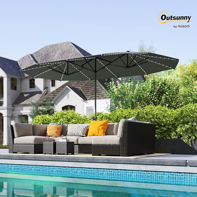 Outsunny 15ft Extra Large Patio Umbrella with Bright Solar Lights, Aluminum UPF50+ Double-Sided Outdoor Table Market Umbrella with Fiberglass Ribs Crank Air Vents for Backyard Deck Pool