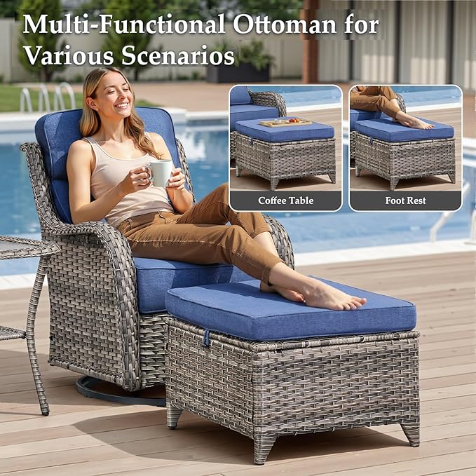 Luxury 8 Pieces Outdoor Patio Furniture Set-All Weather Wicker Swivel Rocker Patio Chairs with 6" Thick Cushion Rattan Sofa Coffee Table, Outdoor Conversation for Garden Porch Backyard(Grey/Blue)