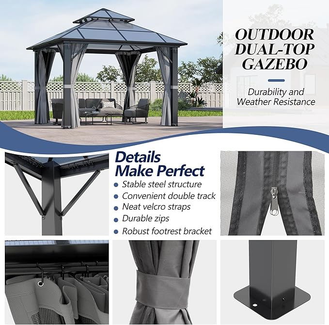 GARTOO 10x10FT Polycarbonate Hardtop Gazebo with Double Roof - Heavy-Duty Steel Frame Gazebo with Breathable Netting & Privacy Curtain for Patio, Porch, Garden, Lawn, Deck, Backyard