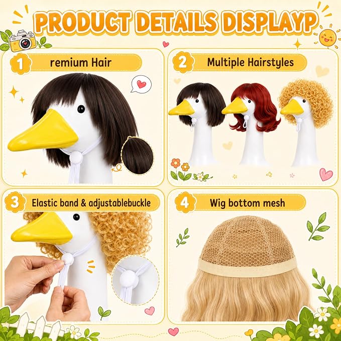 4Pcs Porch Goose Wigs Set porch goose outfits Accessories for Outdoor Statue Accessories Garden Patio Yard Goosey Decoration (3PCS Wigs-A)