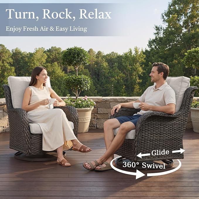 Outdoor Swivel Chairs-Patio Swivel Glider Chairs with Ottomans Outdoor Conversation Set for Deck Balcony Poolside Backyard-Brown/Beige