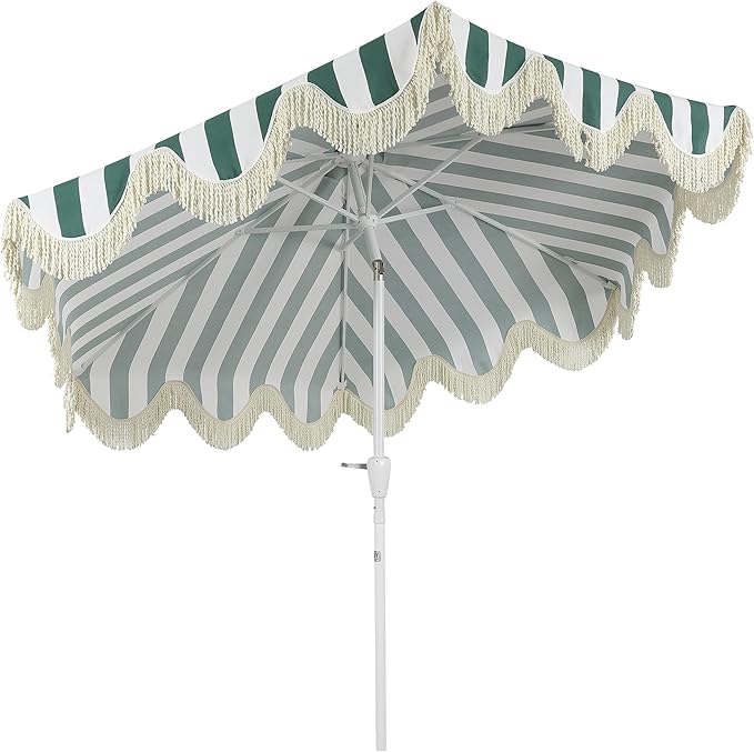 JONATHAN Y UMB1001 Collins 9 ft. Classic Cottage Tassel Market Patio Umbrella with Auto-Tilt, Crank, Wind Vent and UV Protection