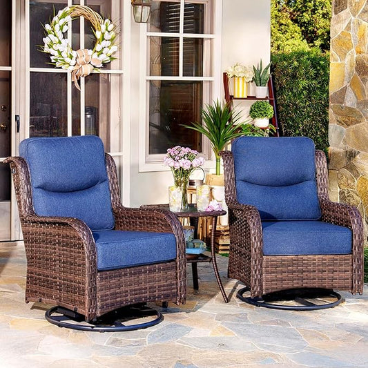HILLGA Luxury Patio Furniture Set with 6-inch Thick Cushion, Outdoor High Back Swivel Rocker Patio Chairs, 3PCS Wicker Conversation Set for Deck Yard and Poolside, Blue (V2)