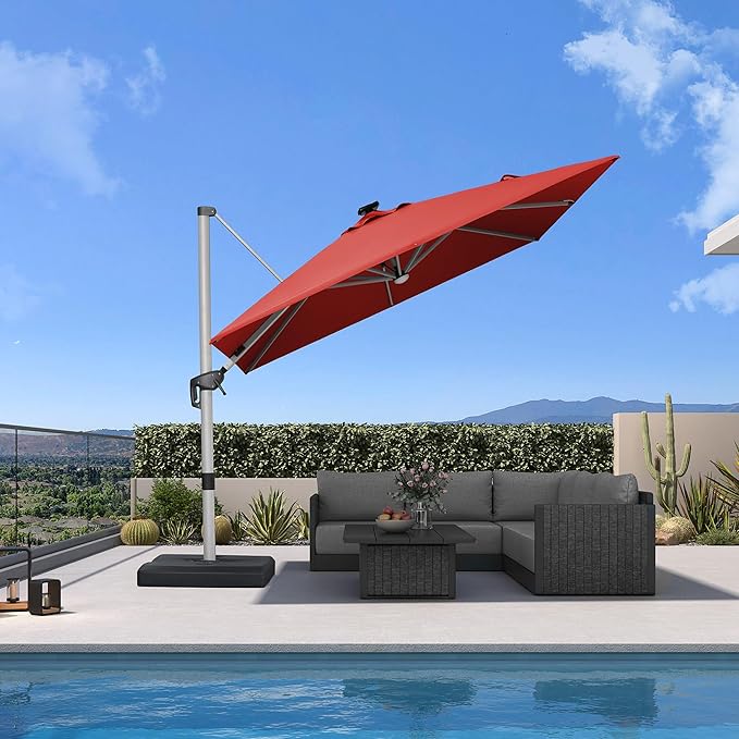 PURPLE LEAF 9 Feet Patio Umbrella with Lights Outdoor Square Cantilever Umbrella Solar Powered LED with 360-degree Rotation for Garden Deck Pool Patio, Brick Red