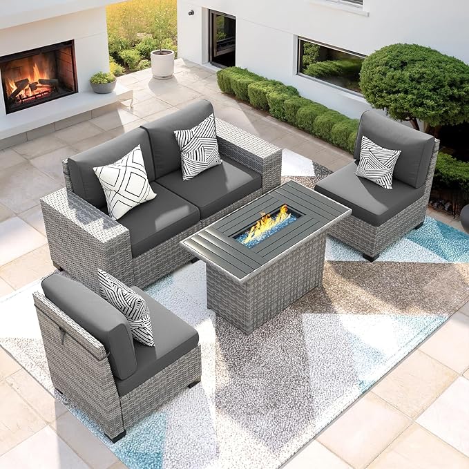 5 Piece Patio Furniture Set with Fire Pit Table, Outdoor Conversation Sets Grey Wicker Rattan Sectional Sofa, 4'' Thickened Cushion Dark Grey (Include Waterproof Cover)