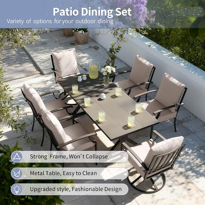 Kullavik 7 Pieces Outdoor Dining Set,Patio Dining Table and Chairs Set for 6,Fence Pattern Back Chairs with Thickened Cushions & X-Frame Metal Dining Table with Umbrella Hole for Patio,Sand