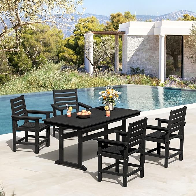 5 Piece Patio Dining Set, 66" Rectangle HDPE Weather Resistant Outdoor Table & 4 Patio Chairs Set with 1.96" Umbrella Hole, Heavy Duty Chairs for Backyard Balcony Deck, Black