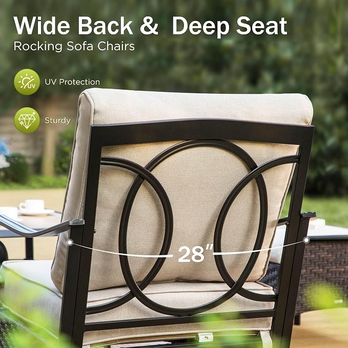 PHI VILLA Outdoor Porch Furniture Set, Upgraded Wicker & Metal Deep Seating Patio Furniture Conversation Set with Waterproof Thick Cushions for Balcony, Yard (4 Pieces,Beige)