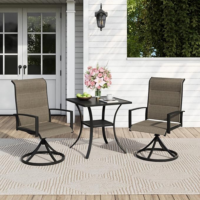 Outdoor Dining Set for 2, 28" Metal Square Outdoor Dining Table and Padded Textilene Patio Swivel Chairs, 3 Pieces Patio Table and Chairs Set for Garden Backyard, Mixed Brown and Black
