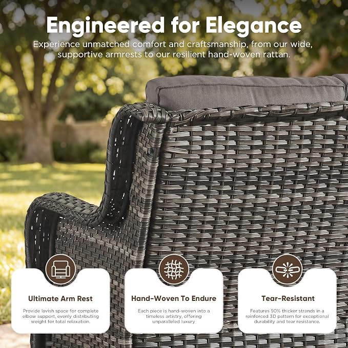 Belord 3-Piece PE Wicker Outdoor Sofa with 2 Ottomans, Luxury Patio Couch Convertible to Chaise Lounge, All-Weather High Back Deep Seat Woven Furniture for Deck, Porch - Grey/Grey