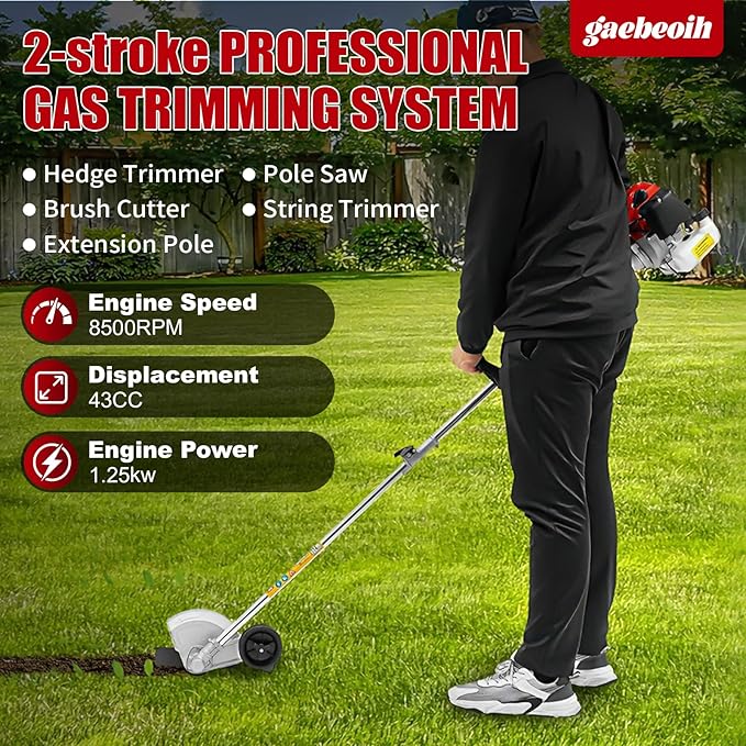 43cc Gas Weed Wacker, 2-Stroke String Trimmer/Edger Single Cylinder Air Cooled Engine Multi Purpose Gas Powered Weed Trimmer with Straight Shaft Lawnmower Strings for Home Lawn Orchard Tea Garden