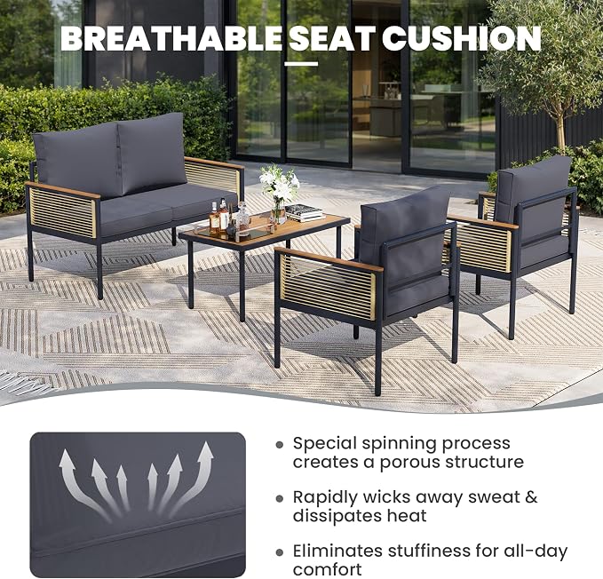 4 Pieces Patio Furniture Set, Outdoor Furniture Set with Table and Chairs, Metal Patio Conversation Sets with Thick Waterproof Cushions for Backyard, Garden, Poolside, Dark Grey (4 Seats)