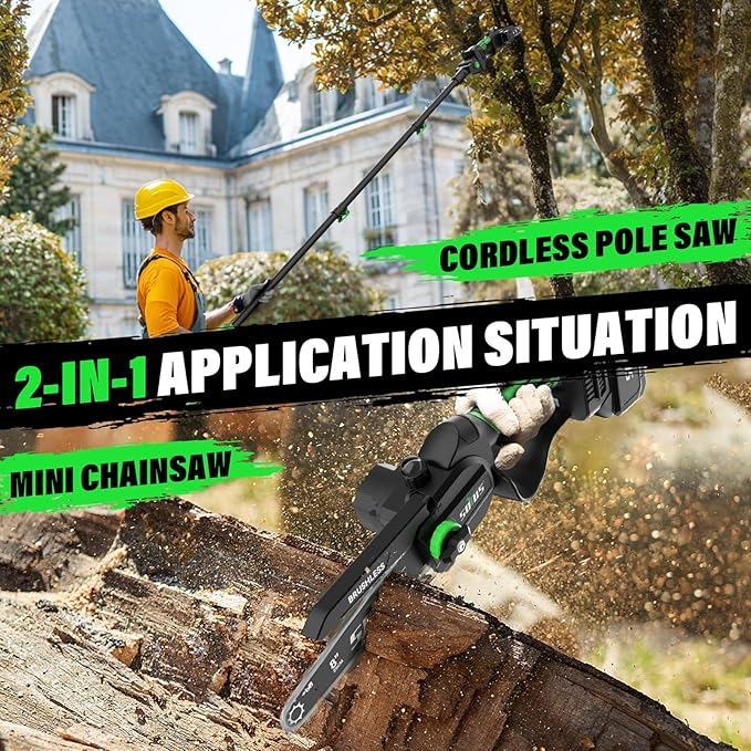 SOYUS 2-IN-1 Cordless Pole Saw & 8-Inch Mini Chainsaw for Tree Trimming, 21V Electric Pole Chainsaw with 2x 3.0Ah Batteries, Brushless Motor, Max Reach 15ft, Pole Saw for Thick Branch Cutting