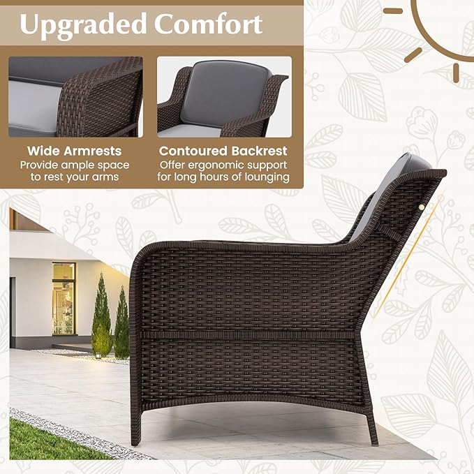 Tangkula 3 Pieces Outdoor Patio Furniture Set, Patiojoy PE Rattan Wicker Chairs with Cushions and Tempered Glass Coffee Table, Outdoor Wicker Conversation Bistro Set for Porch, Balcony, Garden (Gray)