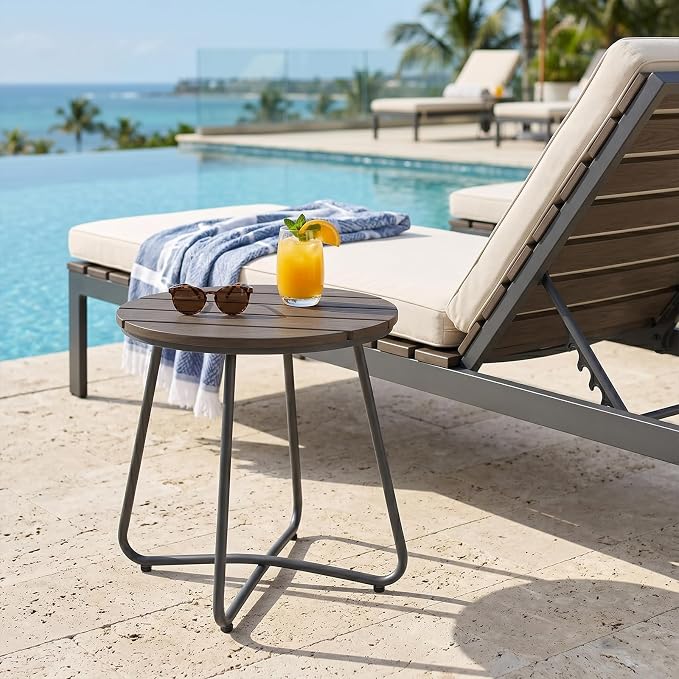 danpinera Outdoor Side Tables, HDPS Patio Table with Metal Legs, 18 Inch Outdoor Small Round Table for Garden, Backyard, Porch, Deck, Balcony, Poolside