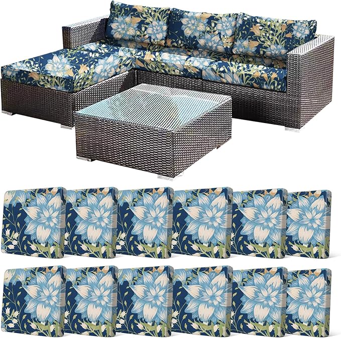 CALBODE 12Pcs Stretch Patio Cushion Cover, Printed Couch & Sofa Slipcovers for Patio Furniture Cushions Washable Reusable Couch Covers Replacement for Autumn Winter (Dark Blue Floral, Cover Only)