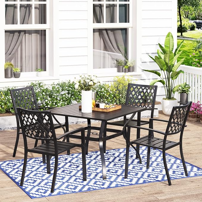 MFSTUDIO Outdoor Table and Chairs for 4, Wrought Iron Outdoor Dining Set with Umbrella Hole, 5 Piece Patio Furniture Set for Deck/Backyard/Poolside/Garden