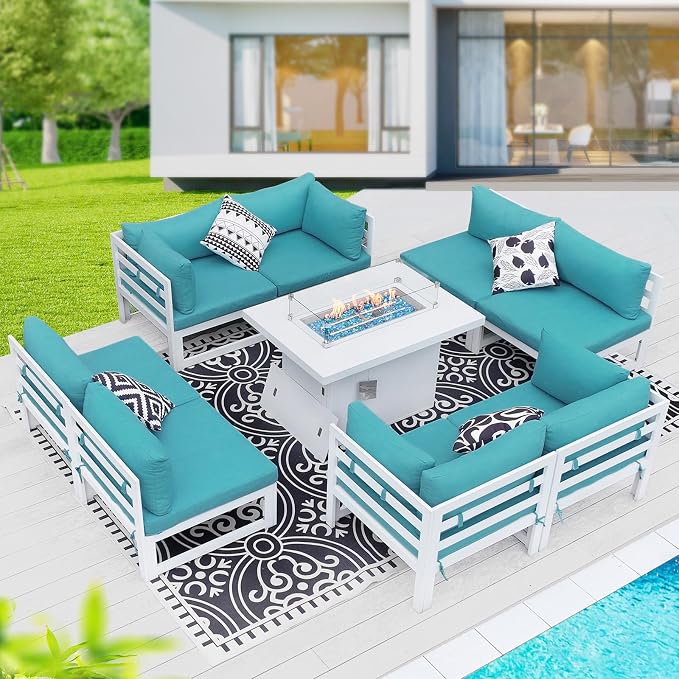 BULEXYARD 9 Piece Large Modern Aluminum Outdoor Patio Furniture Set with Fire Pit Table Propane/Gas, 29 inch Wide Deep Seat, Anti-Rust Comfy Sectional Sofa, 500 lbs Sturdy Conversation Set, Turquoise