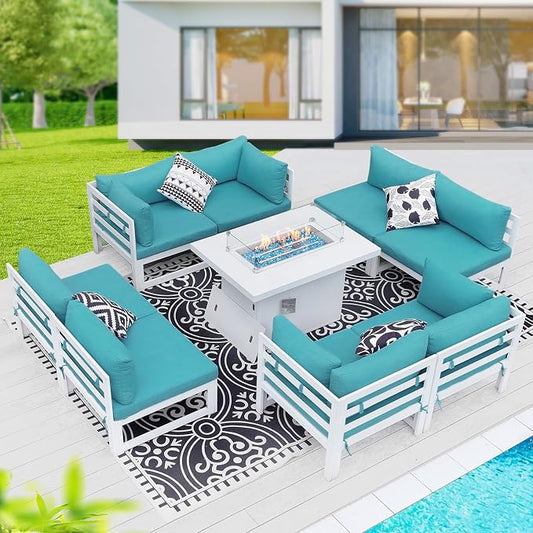 BULEXYARD 9 Piece Large Modern Aluminum Outdoor Patio Furniture Set with Fire Pit Table Propane/Gas, 29 inch Wide Deep Seat, Anti-Rust Comfy Sectional Sofa, 500 lbs Sturdy Conversation Set, Turquoise