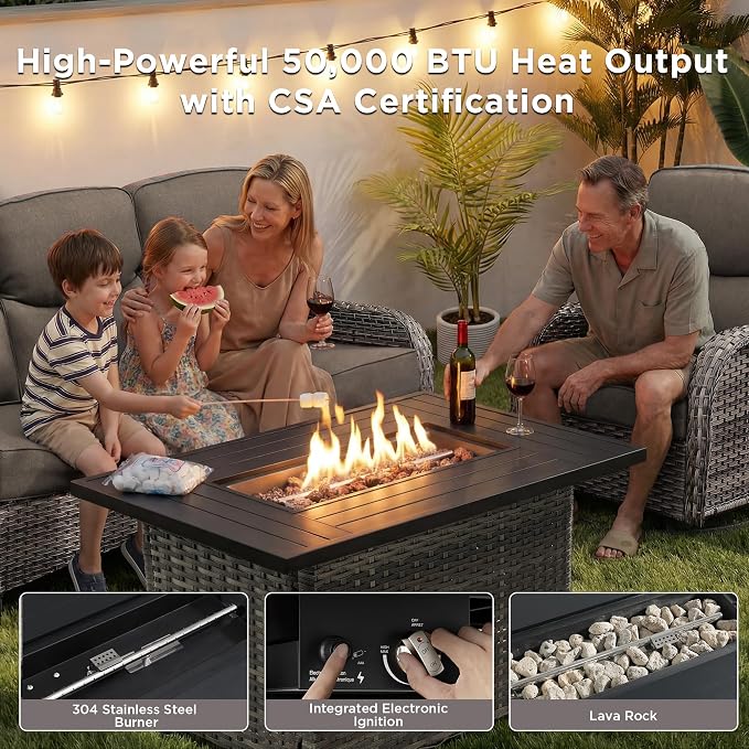 Luxury Patio Furniture Set with Fire Pit Table-10 Pieces All Weather Outdoor Swivel Rocker Chairs with Sofa and Ottomans. Outdoors Patio Conversation Sets for Porch Deck Garden(Grey/Grey)
