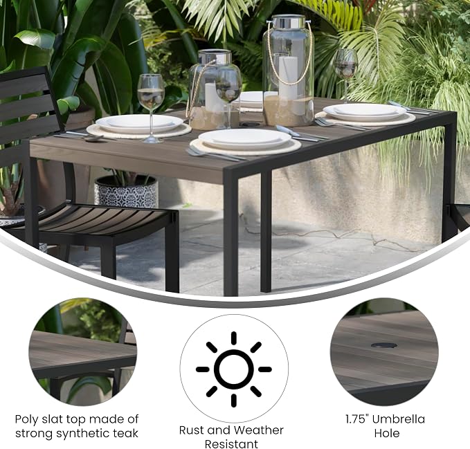 Taylor & Logan Lark Outdoor Dining Table with Synthetic Gray Wash Teak Poly Slats - 30" x 48" Steel Framed Restaurant Table with Umbrella Holder Hole
