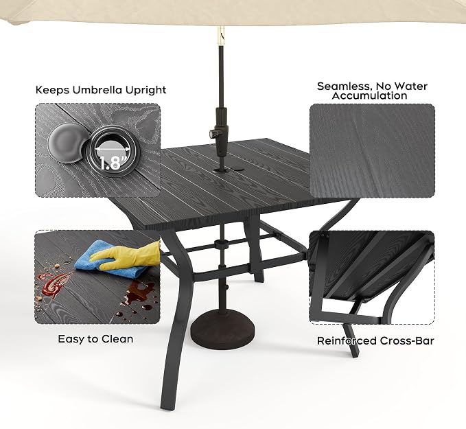 Patio Outdoor Dining Table, Wood-Grain Patio Square Table with Umbrella Hole, All-Weather Metal Dining Table for Party, Lawn & Garden (37.8“ x 37.8”) Black