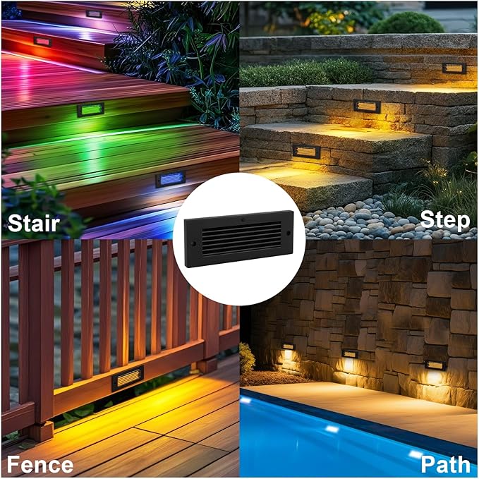 Outdoor Stair Lights, 5W 8.7" 12V LED RGB Color Changing Low Voltage Under Deck Stair Lights Wired for Step Deck Fence Outdoor Waterproof, 0.6'' Ultra Thin Surface Mount, Black, 12PK