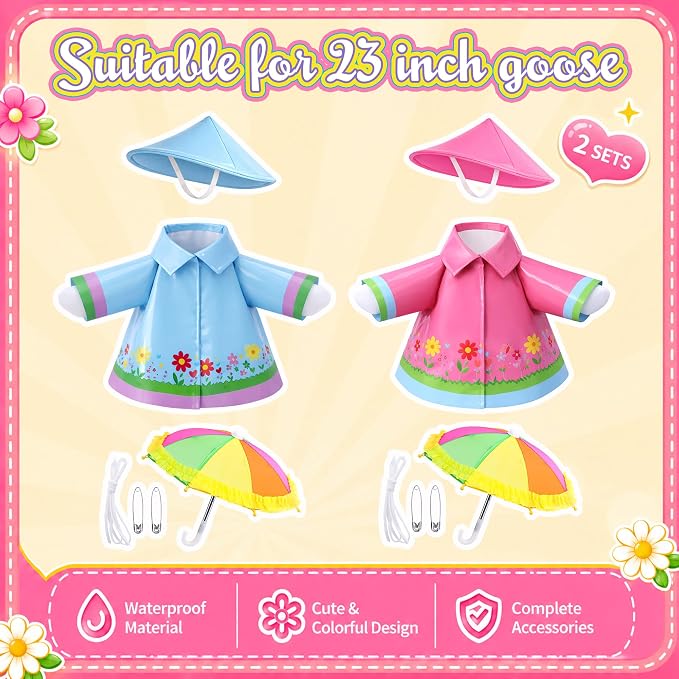 DECOHS 2 Set Raincoat Porch Goose Outfits, Summer Lawn Goose Statue Raincoat Costume, Yard Goose Clothes Raincoats Umbrella Hat Outfit for 23" Statue Patio Garden Decoration (Blue & Rosy)