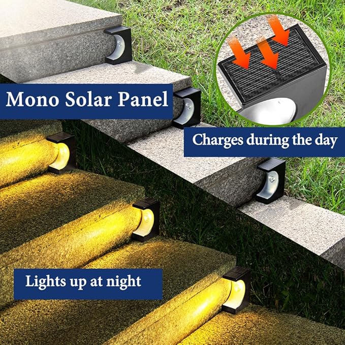Upgraded Wireless Solar Step Lights. 5X Longer Life Than Ordinary. Strong 3M Adhesive + Screws. IP65 Waterproof for Stairs/Decks/patios. Reliable Performance(Warm White 4 Pack)