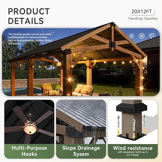 Aoxun 12' x 20' Outdoor Wood Gazebo with 20" Ceiling Fan with Light, Hardtop Gazebo Permanent Wooden Pavilion with Galvanized Steel Gable Roof, for Patio, Garden, Deck, Cedar Wood
