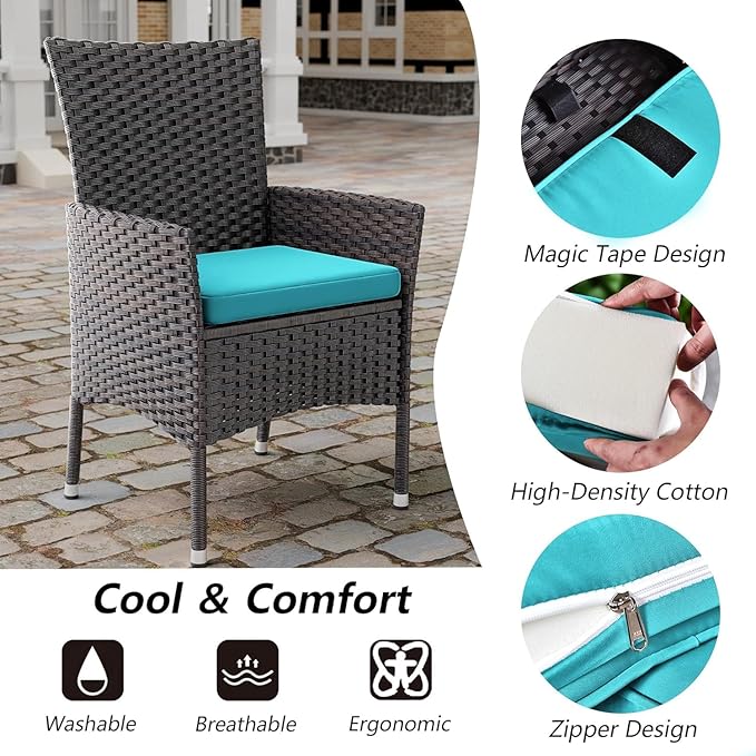 Kullavik 5 Pieces Outdoor Dining Set Patio Rattan Furniture Set,Patio Dining Table and Chairs Set with 4 Chairs and Cushions,Square Glass Tabletop with Umbrella Hole for Patio,Backyard,Blue