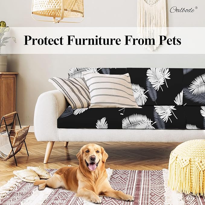 CALBODE 8Pcs Stretch Patio Cushion Covers Dustproof Outdoor Cushion Covers Washable Patio Couch Cover Slipcovers for Outdoor Furniture Protector Replacement(Black Palm Leaves, Cover Only)