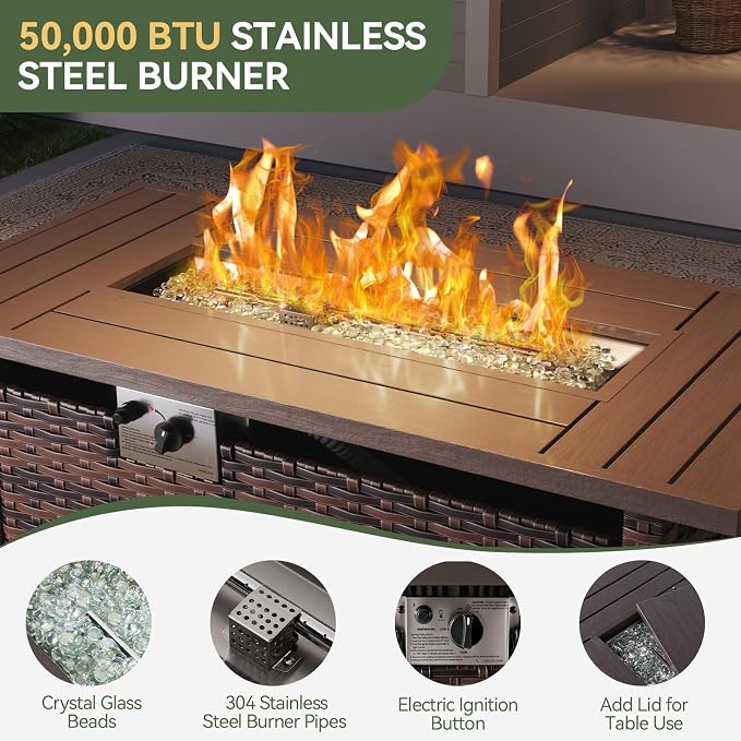 Aoxun Outdoor Patio Furniture Set with 44'' Fire Pit Table, 7 Pcs Outdoor Patio Furniture Sets with 4in Thicken Cushion, Widen Armrests Wicker Outdoor Sectional for Backyard (Waterproof Cover Include)