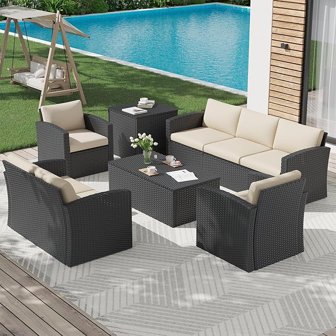 AECOJOY 7 Pieces Patio Furniture Set with Two Storage Boxes&Patio Set Cover, Outdoor Rattan Conversation Set，All-Weather PE Wicker Sectional Sofa Outdoor Furniture, Black Rattan& Beige Cushions